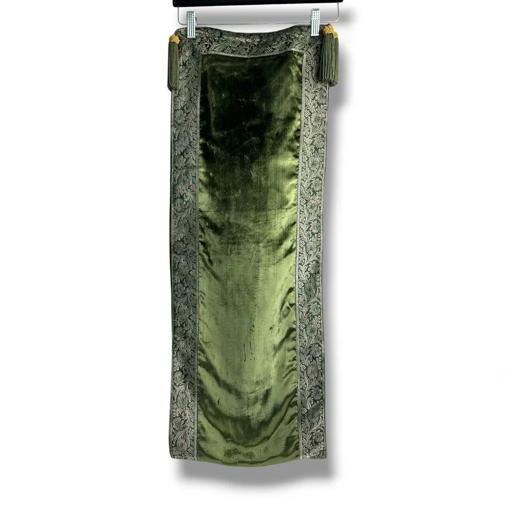 Olive‎ Green Velvet Table Runner Floral Brocade Border Tassels 72x13